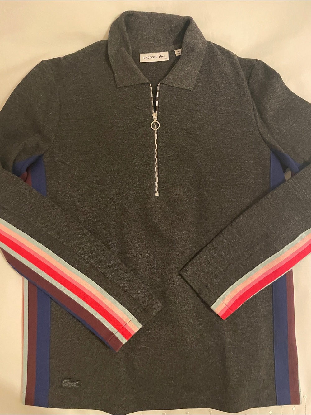 Lacoste Charcoal Zip Polo Sweater with Multicolor Stripes Women’s size 36